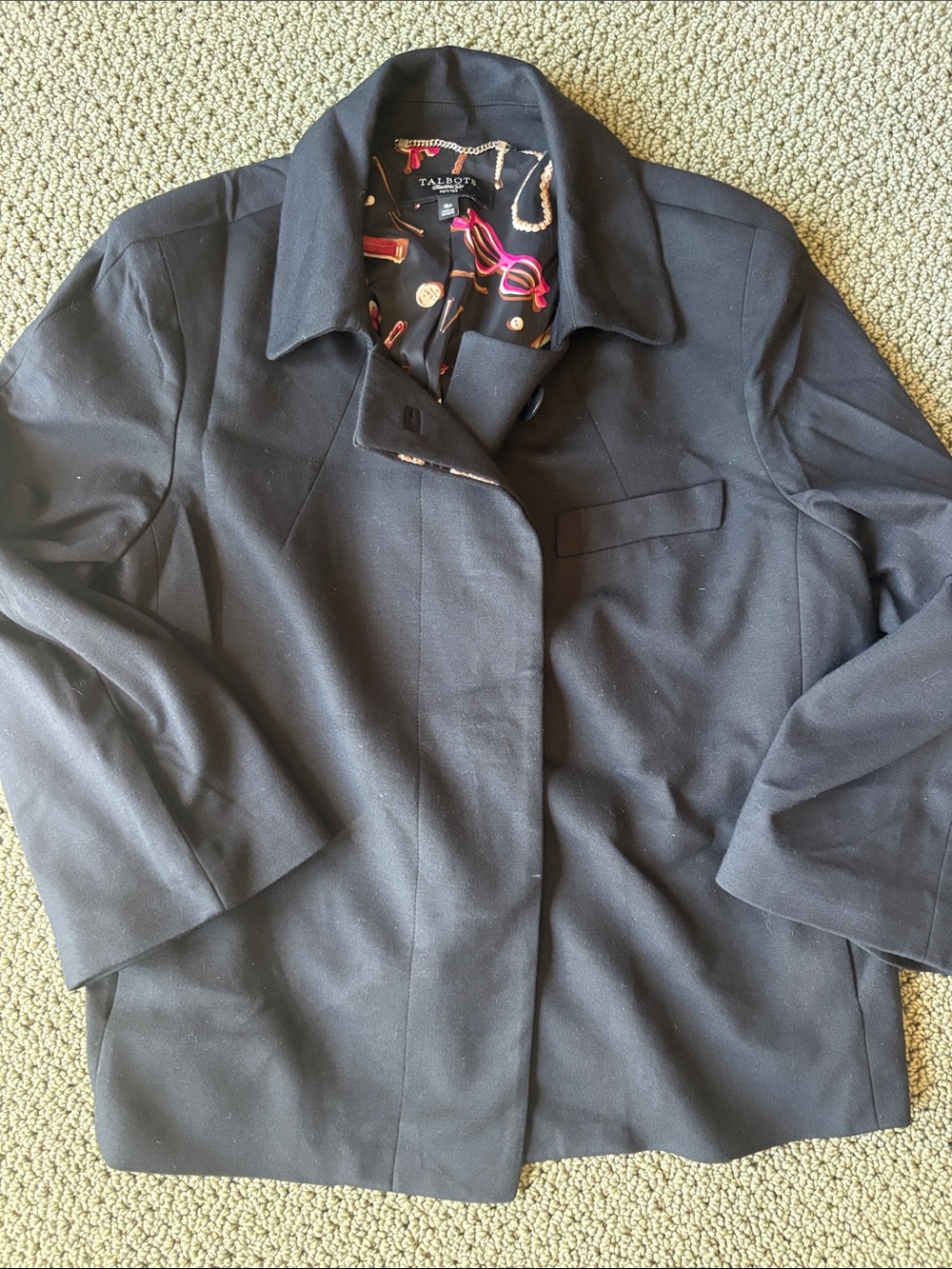 Talbots Black Blazer with Decorative Printed Lining buttons pockets